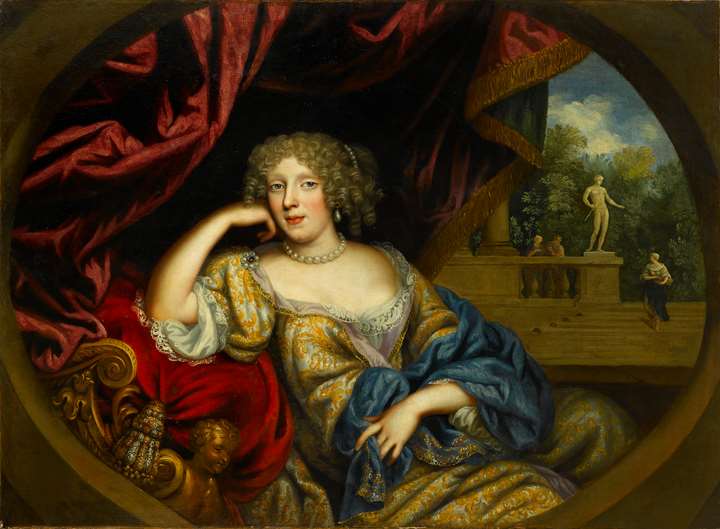 Portrait of a Lady, Seated Three-Quarter-Length, in a White and Gold Gown with a Blue Robe, a Garden Beyond